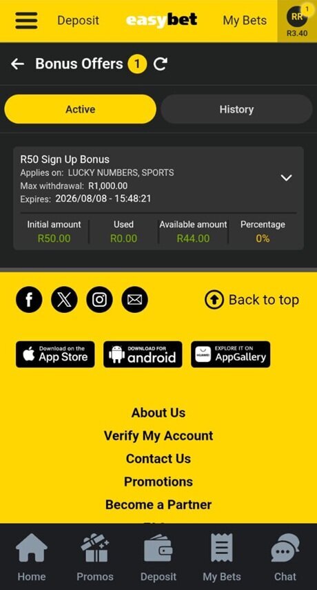 Easybet Bonus Wallet showing R50 sign-up bonus progress