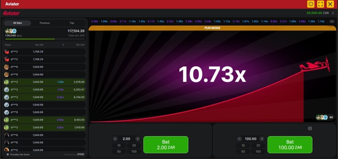Desktop view of the Aviator crash game with the plane, rising multiplier and betting controls