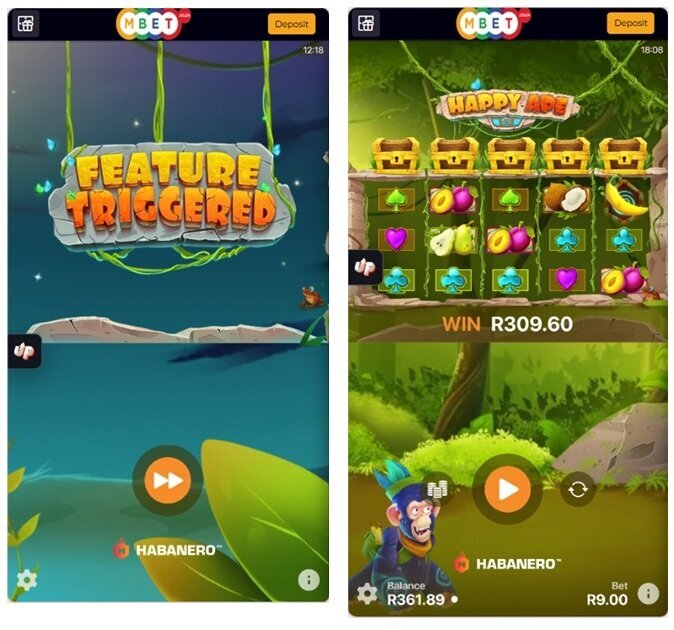 MBet Happy Ape gameplay test showing a triggered feature and a R309.60 win