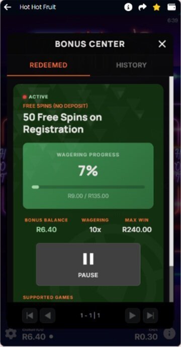 Lucky Fish bonus centre showing 50 registration bonus spins, 7% wagering progress, 10x wagering and R240 max win
